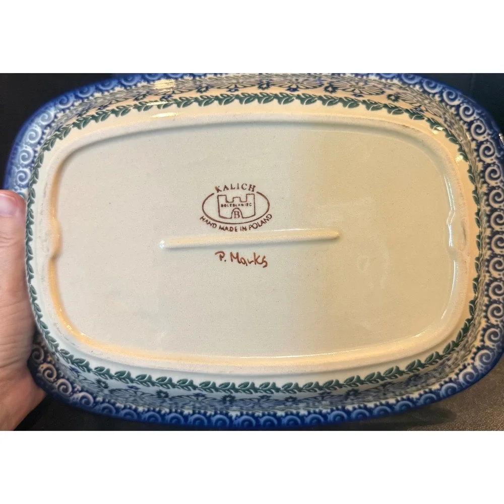 Polish Pottery Kalich Unikat Rectangular Baker Blue Green Floral Stoneware 11